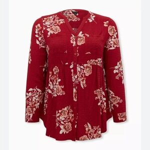 Torrid Red Smocked‎ Floral Red/Cream Blouse Babydoll with Mandarin Collar 3X